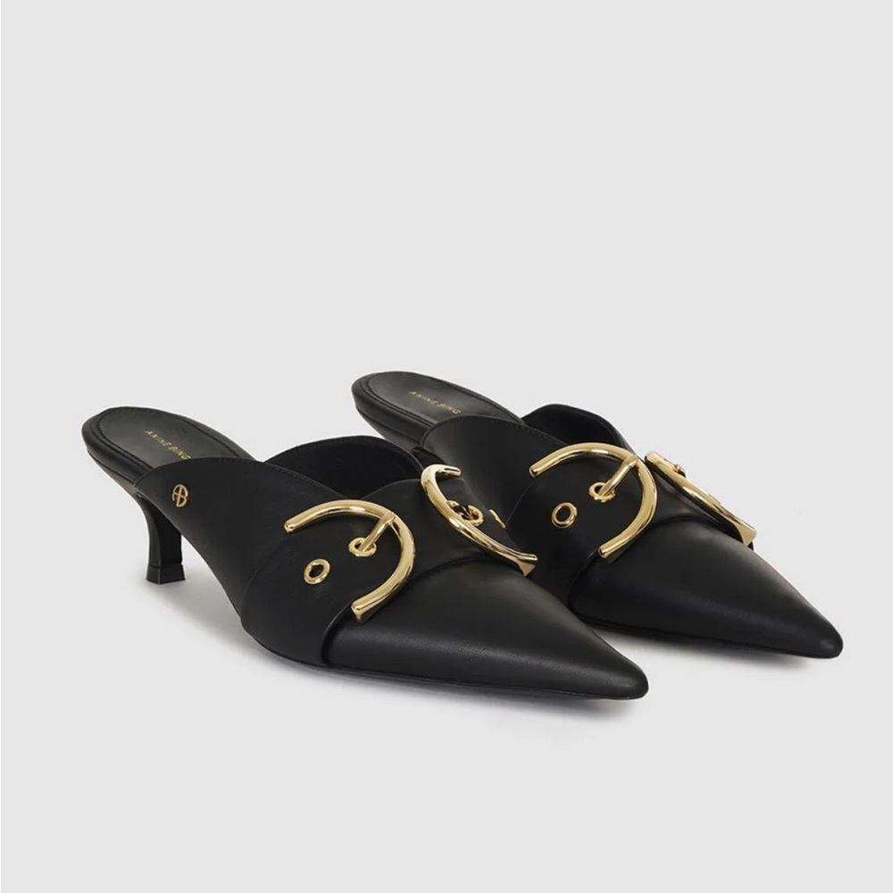 Anine Bing Black Zoe Leather Mules with Gold Buckle Detail